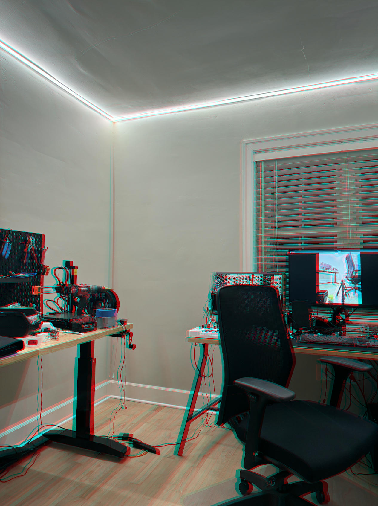 Red/cyan anaglyph of a home office