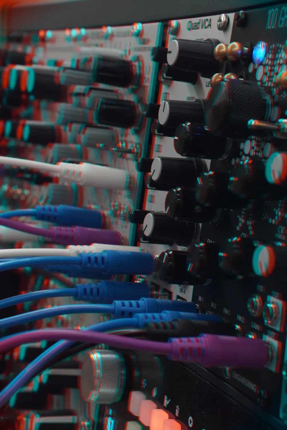 Red/Blue 3d image of a modular synthesizer